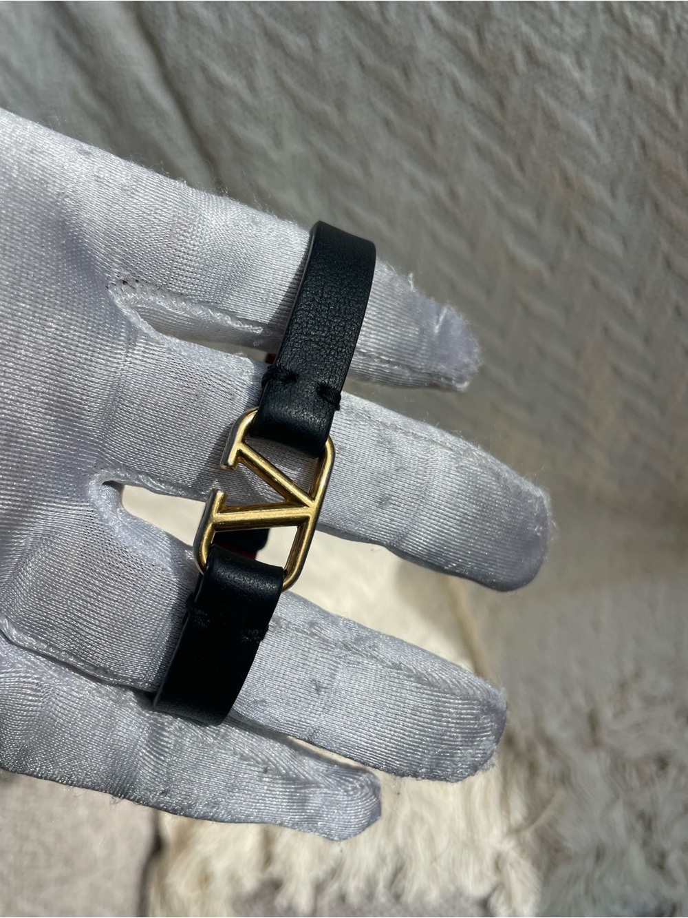 Valentino Garavani Black Leather Bracelet with Gold V-Logo Hardware